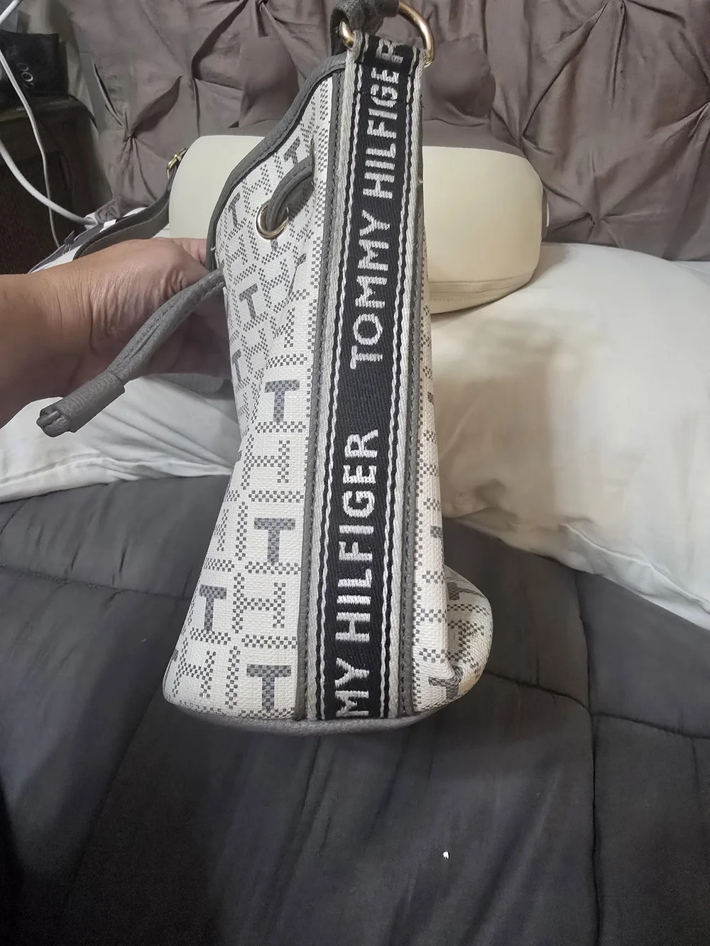 Tommy Hilfiger White & Gray Monogram Drawstring Tote